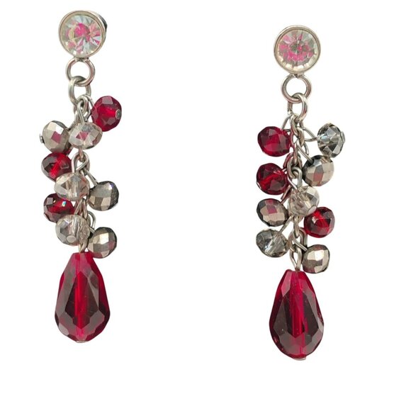 Women's Crystal Beaded Silver Tone Drop Dangle Earrings Shimmer Evening Formal - Picture 1 of 3